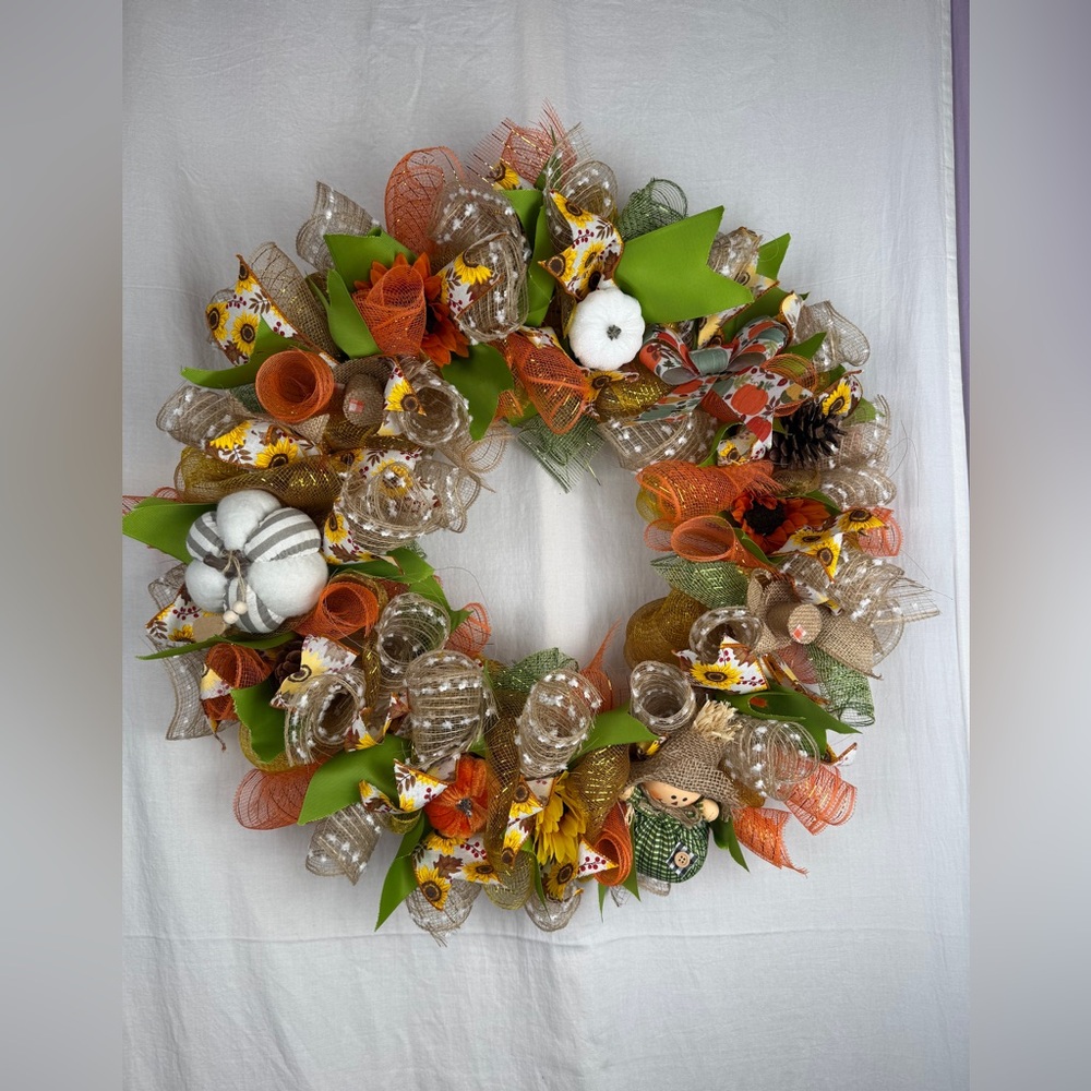 Hand made Festive Autumn Wreath with Orange and Green Accents